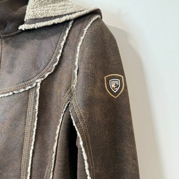 Kuhl Women's Dani Sherpa Jacket Hooded Full Zip Suede Wool Moto Brown Medium - Picture 6 of 10